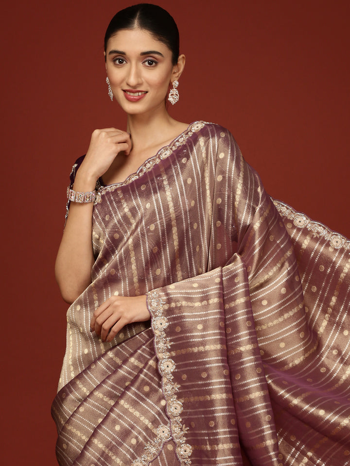 Purple Tissue Weaved Saree With Stone Work Readymade Blouse