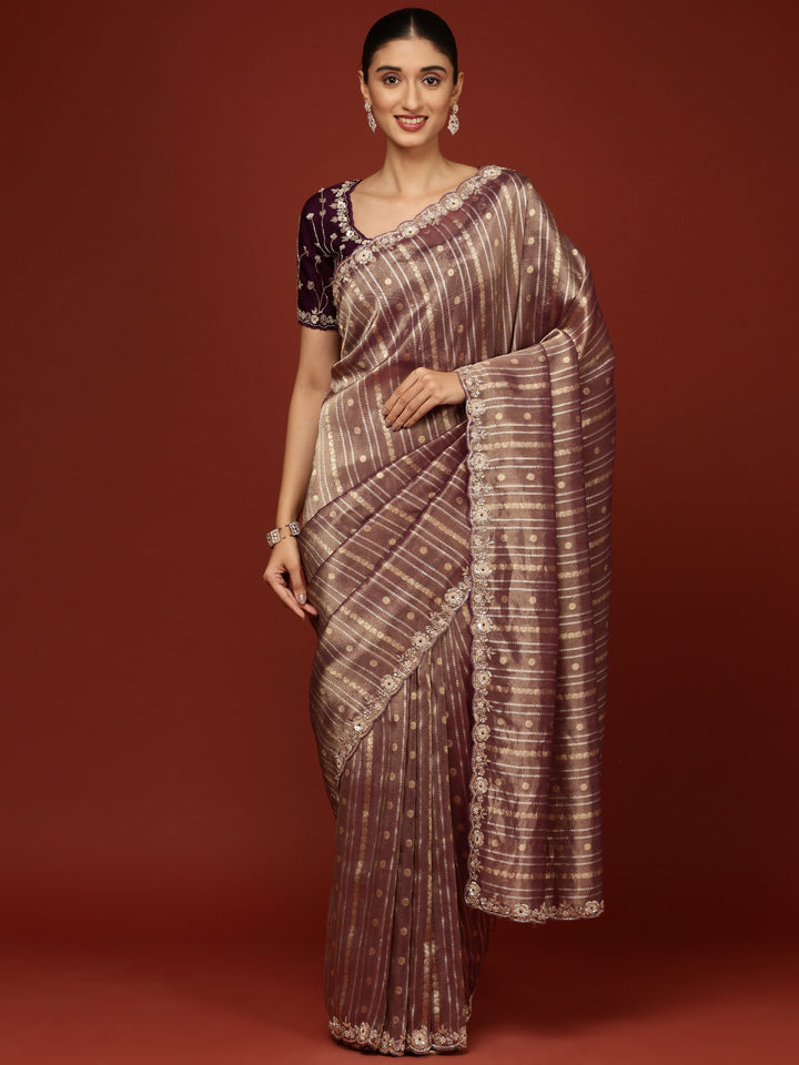 Purple Tissue Weaved Saree With Stone Work Readymade Blouse