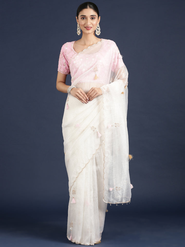 Off White Crepe Saree With Embroidery Work On Readymade Blouse
