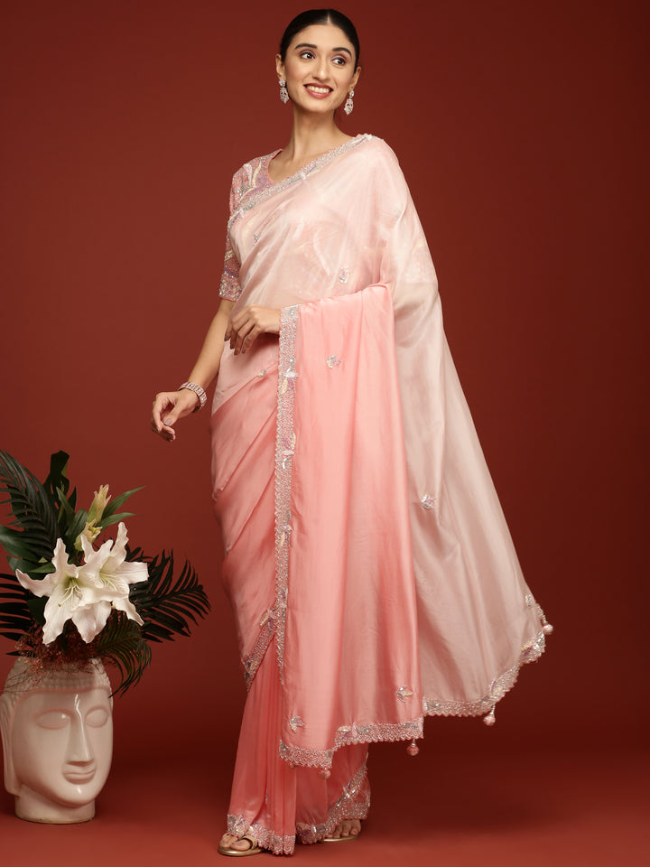 Peach Crepe Sequins Saree With Readymade Blouse