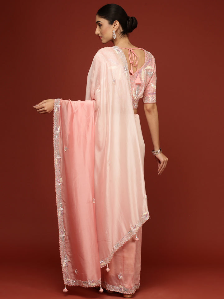 Peach Crepe Sequins Saree With Readymade Blouse