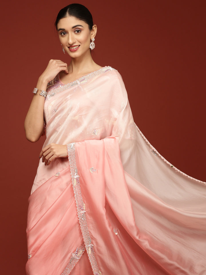 Peach Crepe Sequins Saree With Readymade Blouse