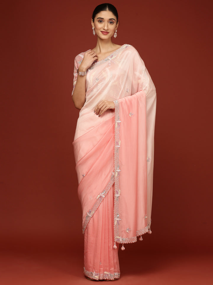 Peach Crepe Sequins Saree With Readymade Blouse