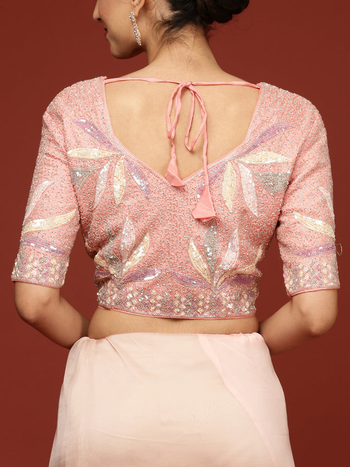 Peach Crepe Sequins Saree With Readymade Blouse