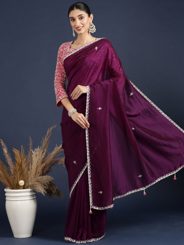 Purple Crepe Saree With Contrast Readymade Blouse