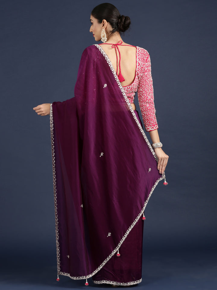 Purple Crepe Saree With Contrast Readymade Blouse