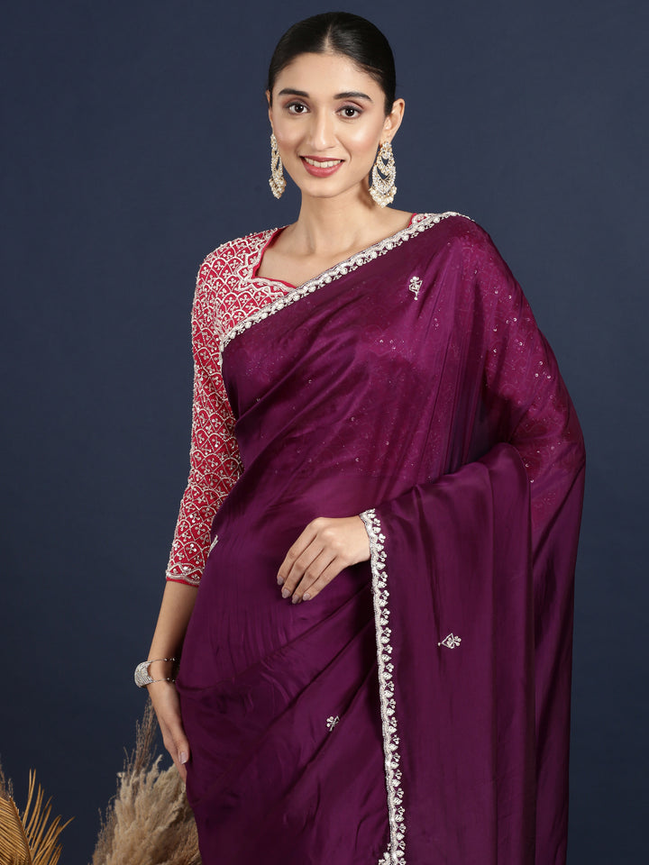 Purple Crepe Saree With Contrast Readymade Blouse