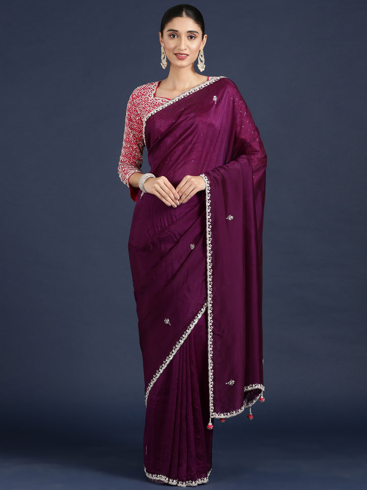 Purple Crepe Saree With Contrast Readymade Blouse