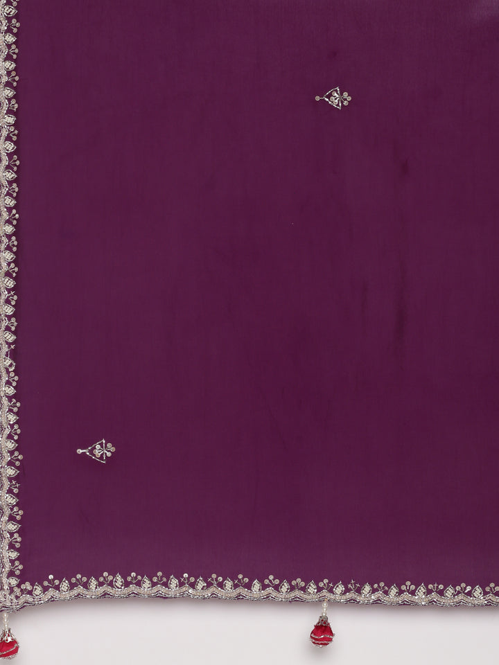 Purple Crepe Saree With Contrast Readymade Blouse