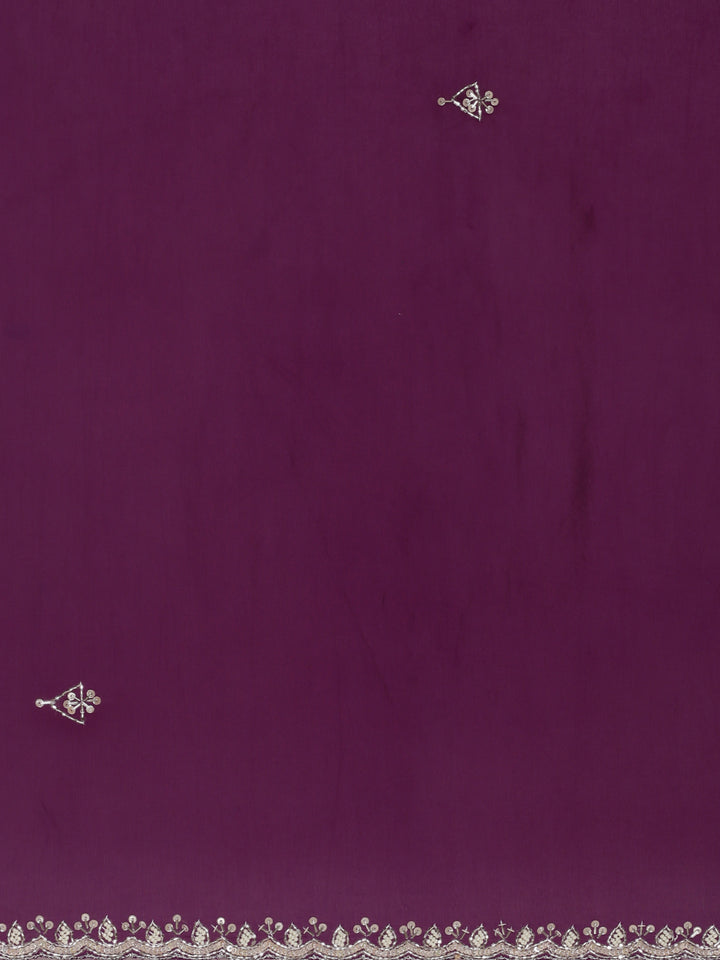 Purple Crepe Saree With Contrast Readymade Blouse