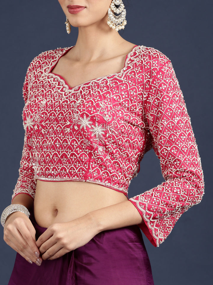 Purple Crepe Saree With Contrast Readymade Blouse