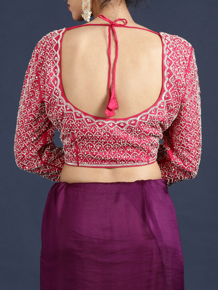 Purple Crepe Saree With Contrast Readymade Blouse