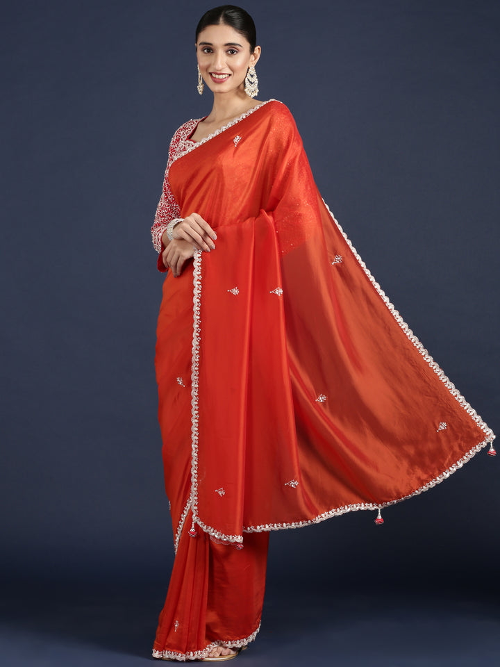 Rust Crepe Sequins Saree With Heavy Work Readymade Blouse