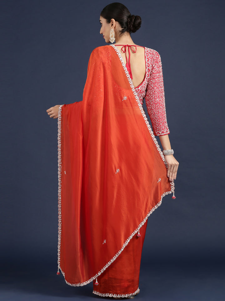 Rust Crepe Sequins Saree With Heavy Work Readymade Blouse