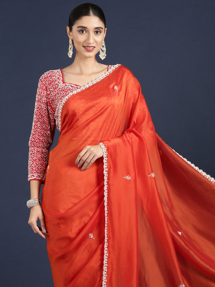 Rust Crepe Sequins Saree With Heavy Work Readymade Blouse