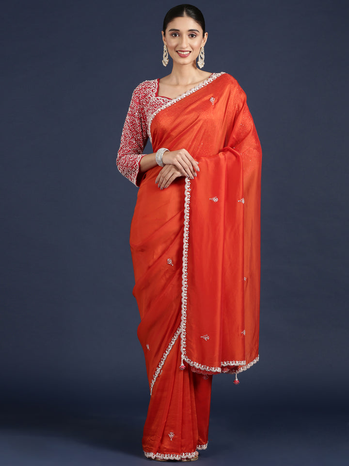 Rust Crepe Sequins Saree With Heavy Work Readymade Blouse