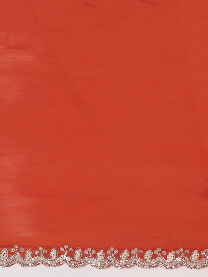 Rust Crepe Sequins Saree With Heavy Work Readymade Blouse