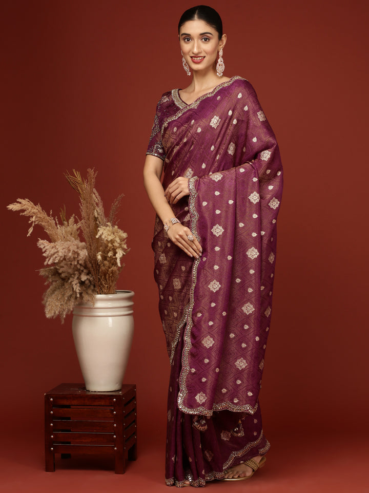 Purple Banaras Weaved Saree With Embroidery Readymade Blouse