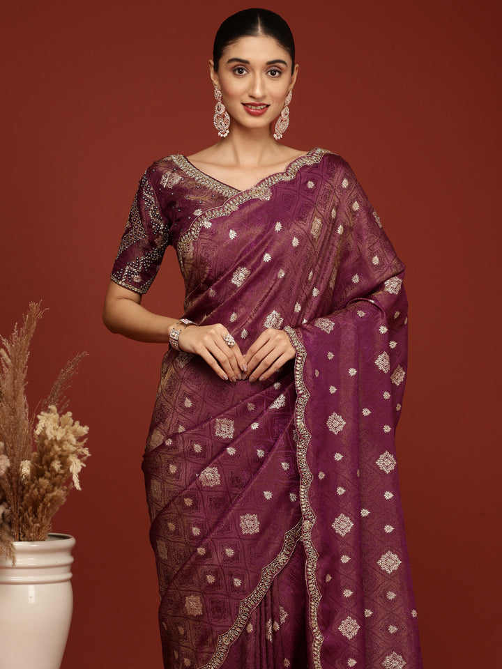 Purple Banaras Weaved Saree With Embroidery Readymade Blouse