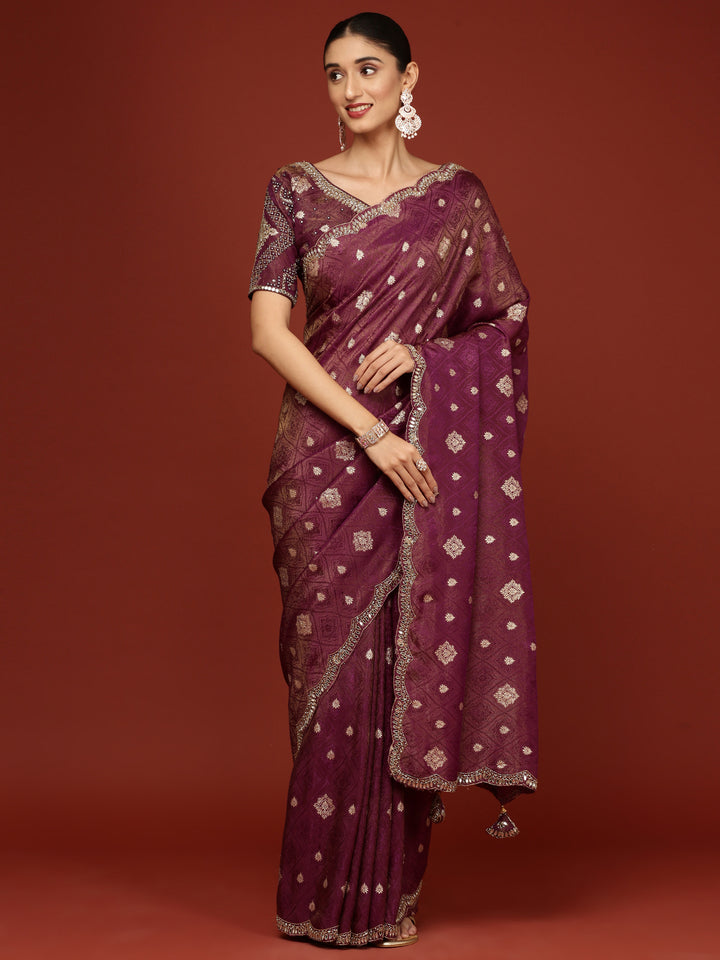 Purple Banaras Weaved Saree With Embroidery Readymade Blouse