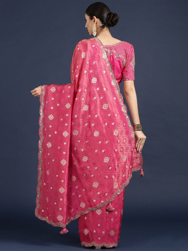 Rani Pink Banaras Weaved Saree With Embroidery Readymade Blouse