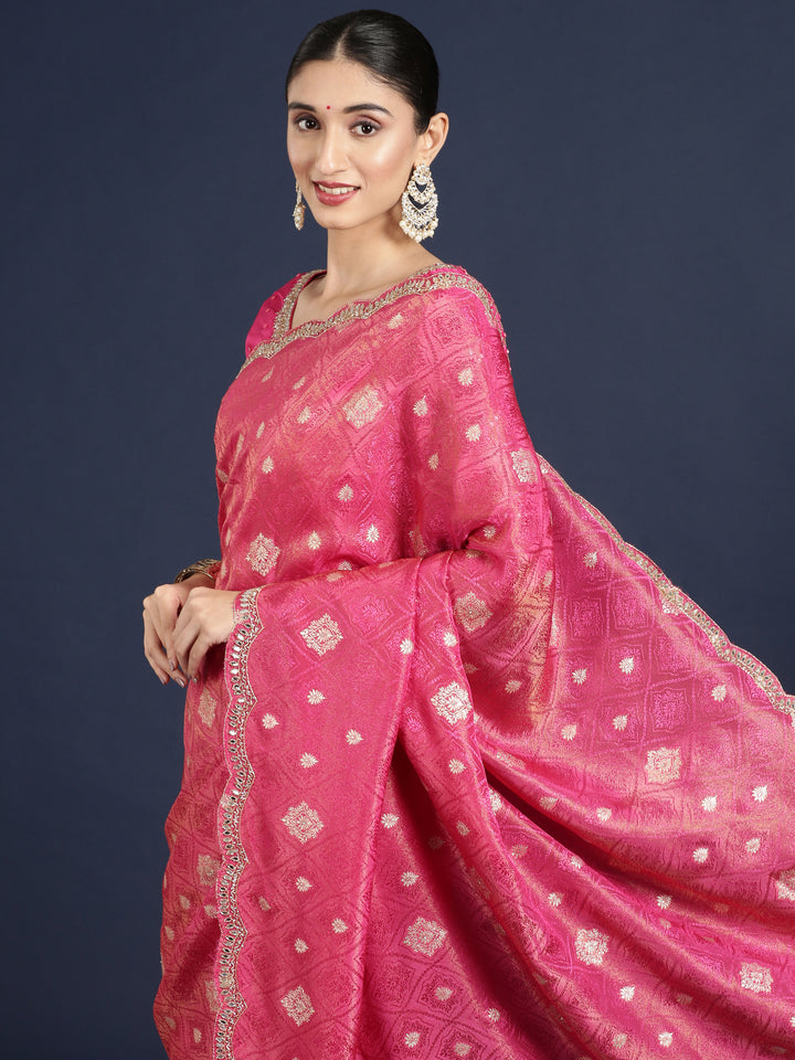 Rani Pink Banaras Weaved Saree With Embroidery Readymade Blouse