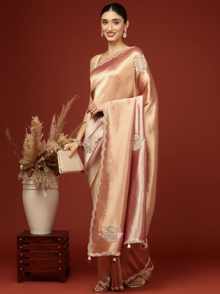 Pink Tissue Hand Embroidery Saree