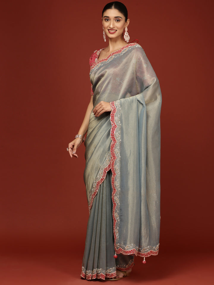 Sea Blue Tissue Embroidery Saree With Readymade Blouse
