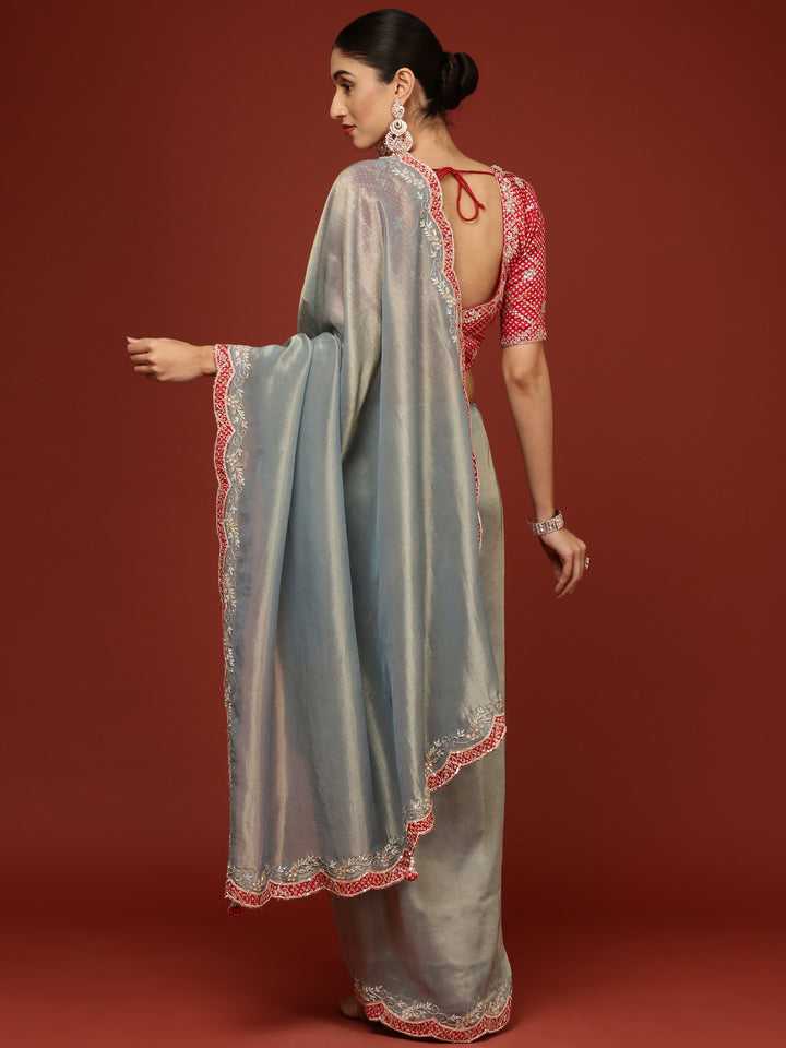 Sea Blue Tissue Embroidery Saree With Readymade Blouse