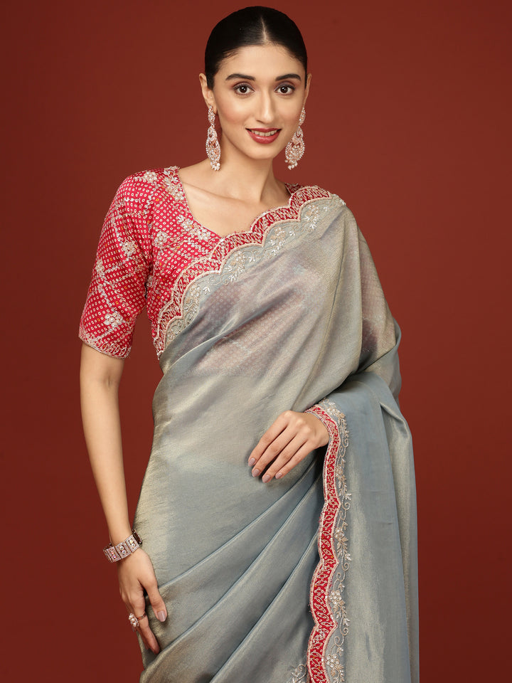 Sea Blue Tissue Embroidery Saree With Readymade Blouse