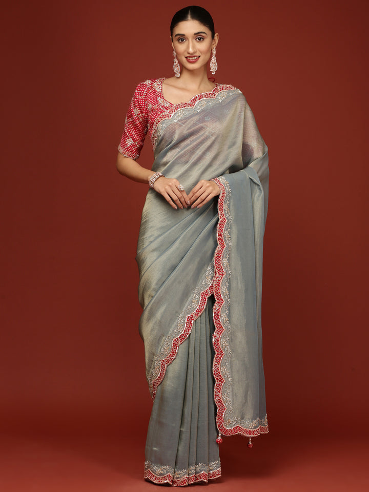 Sea Blue Tissue Embroidery Saree With Readymade Blouse