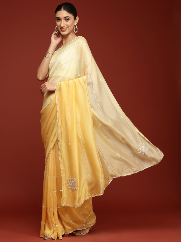Yellow Crepe Embroidery Saree