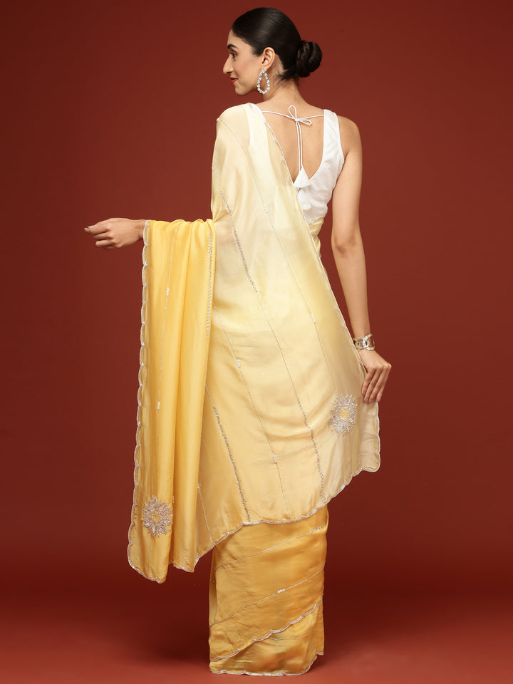 Yellow Crepe Embroidery Saree