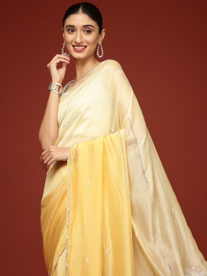 Yellow Crepe Embroidery Saree