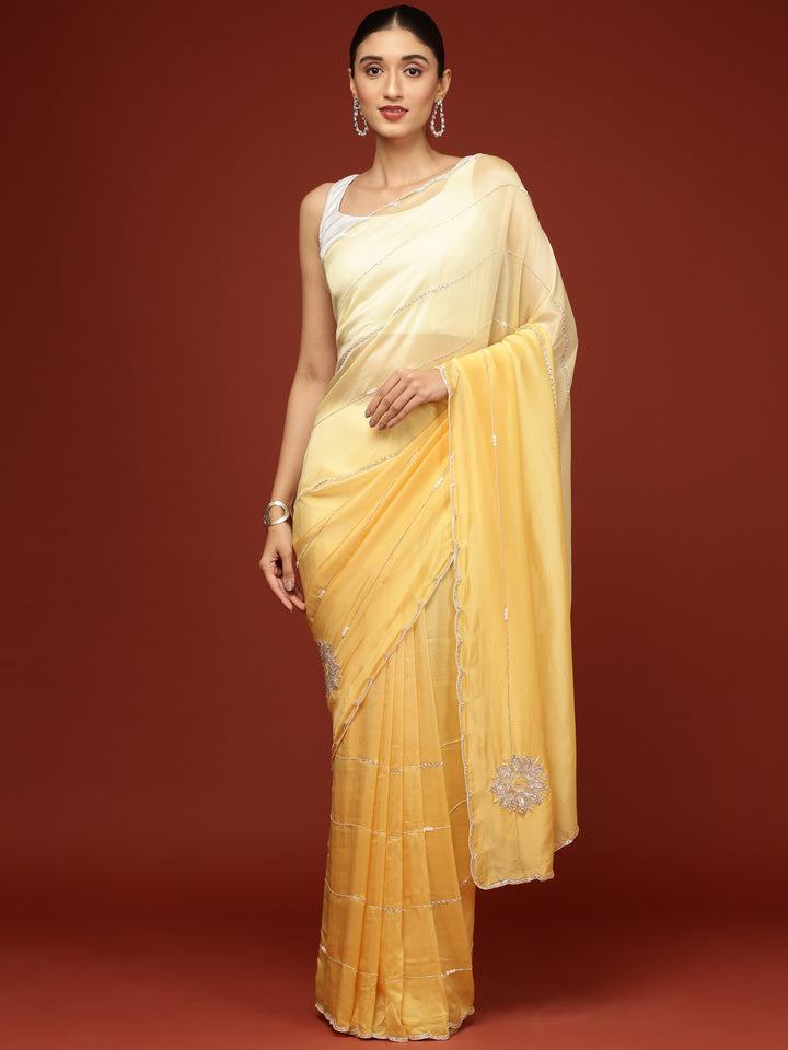 Yellow Crepe Embroidery Saree