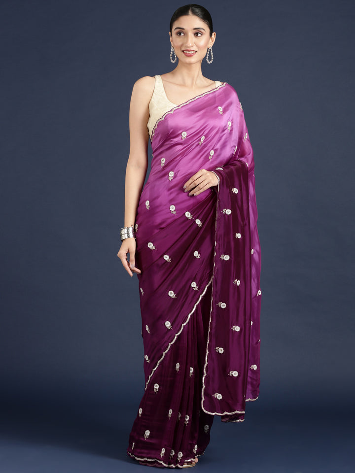 Purple Crepe Hand Embroidery Saree
