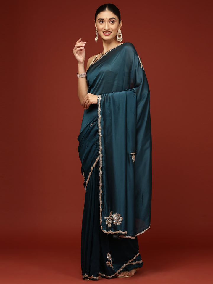 Peacock Crepe Hand Embroidery Saree