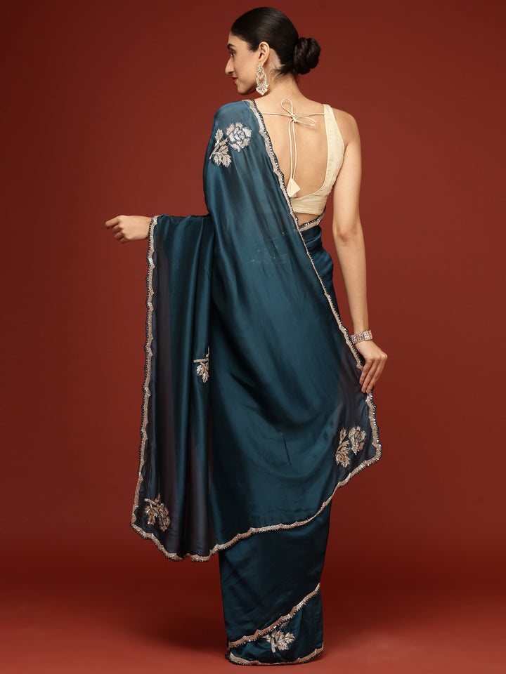 Peacock Crepe Hand Embroidery Saree