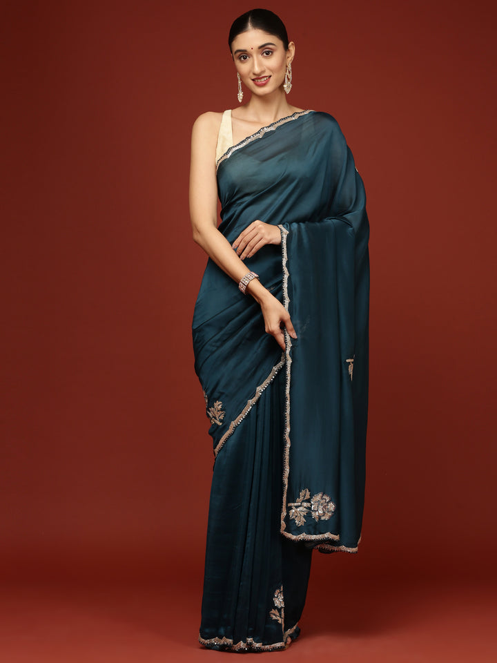 Peacock Crepe Hand Embroidery Saree