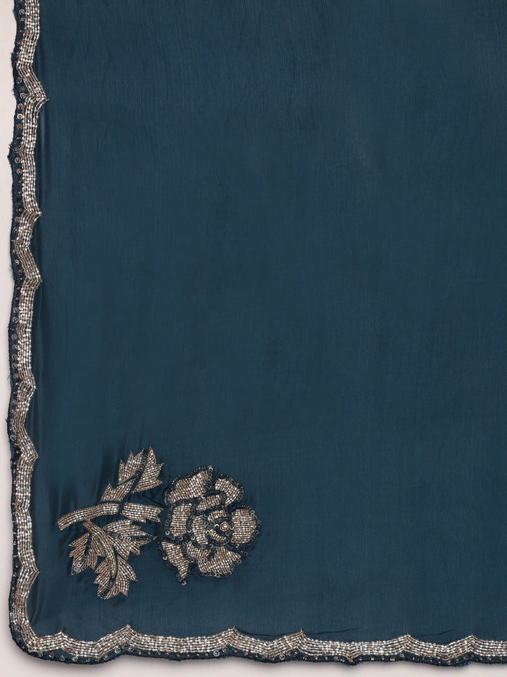 Peacock Crepe Hand Embroidery Saree