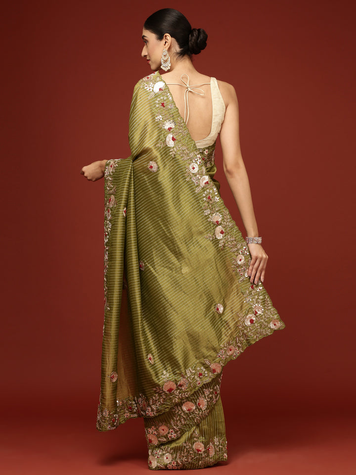 Mehandi Green Tissue Hand Embroidery Saree