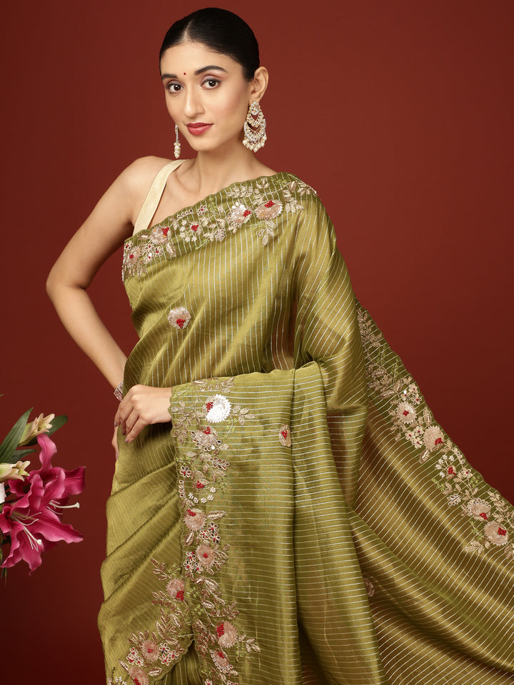 Mehandi Green Tissue Hand Embroidery Saree