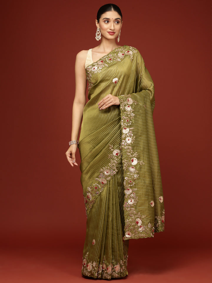 Mehandi Green Tissue Hand Embroidery Saree
