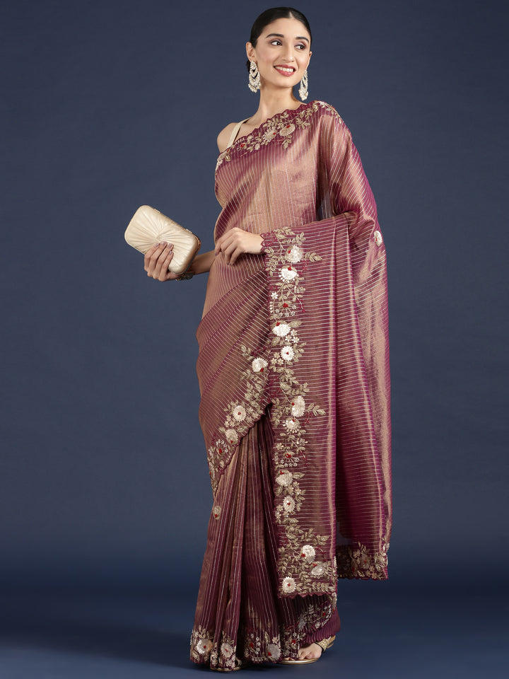 Wine Tissue Hand Embroidery Saree