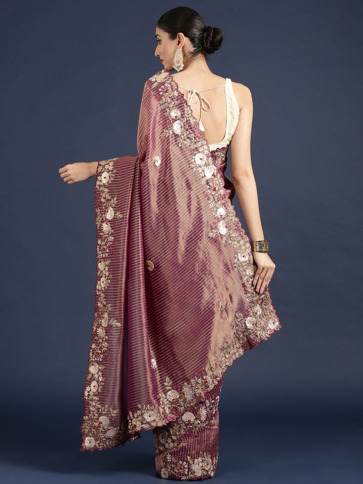 Wine Tissue Hand Embroidery Saree