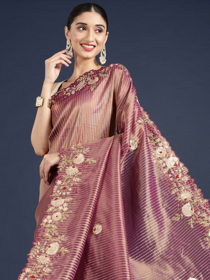 Wine Tissue Hand Embroidery Saree