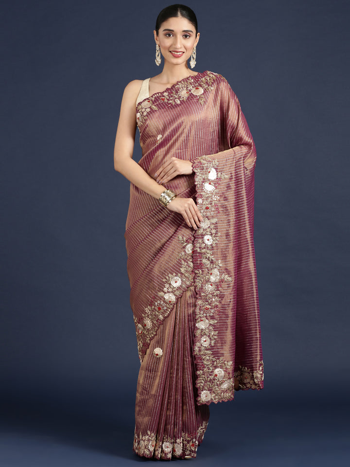 Wine Tissue Hand Embroidery Saree