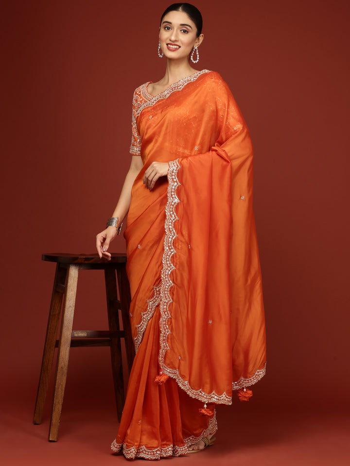 Orange Crepe Saree With Heavy Work Readymade Blouse