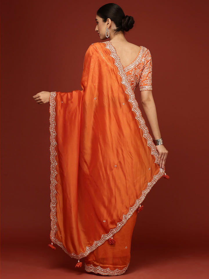 Orange Crepe Saree With Heavy Work Readymade Blouse