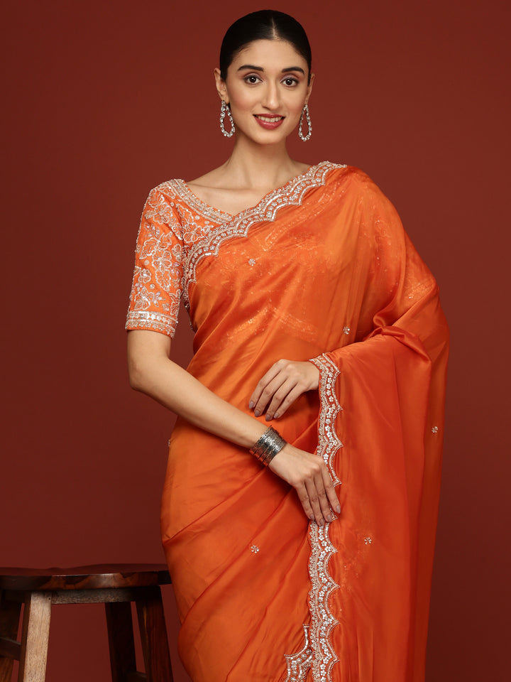 Orange Crepe Saree With Heavy Work Readymade Blouse